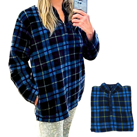 Catalina Wmn M Blue & Blk Plaid Lng Slv 1/4 Zip - Picture 7 of 7